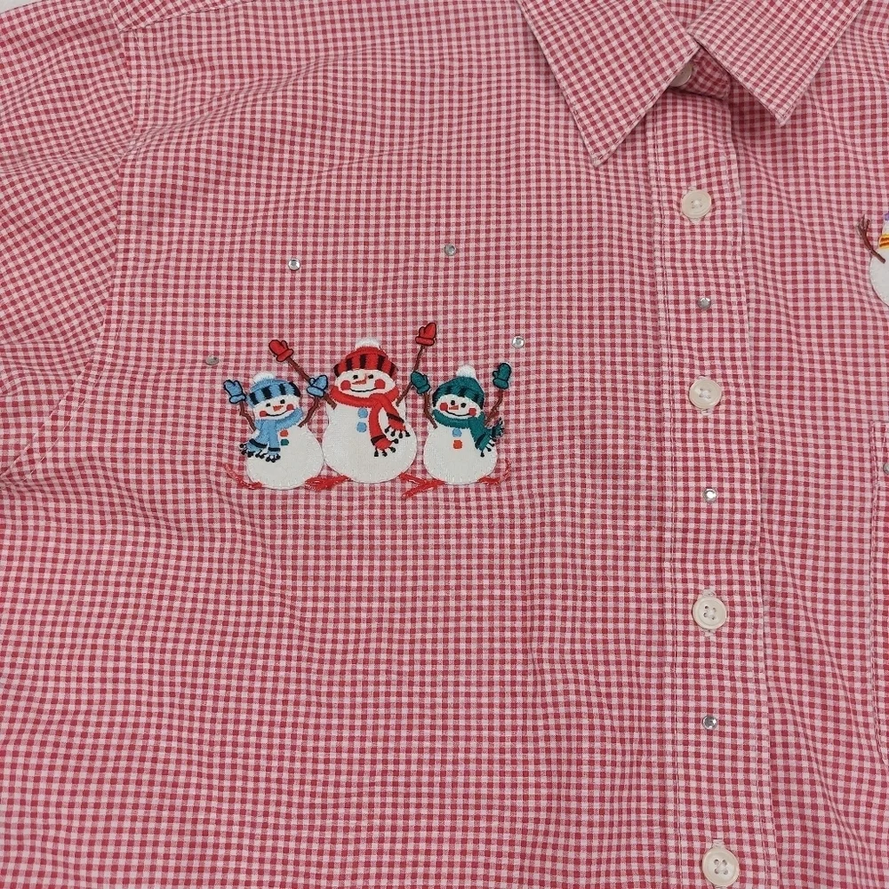 LAS OLAS WOMENS VINTAGE RED WHITE GINGHAM SNOWMAN HOLIDAY CHRISTMAS BUTTON UP L - Picture 5 of 9